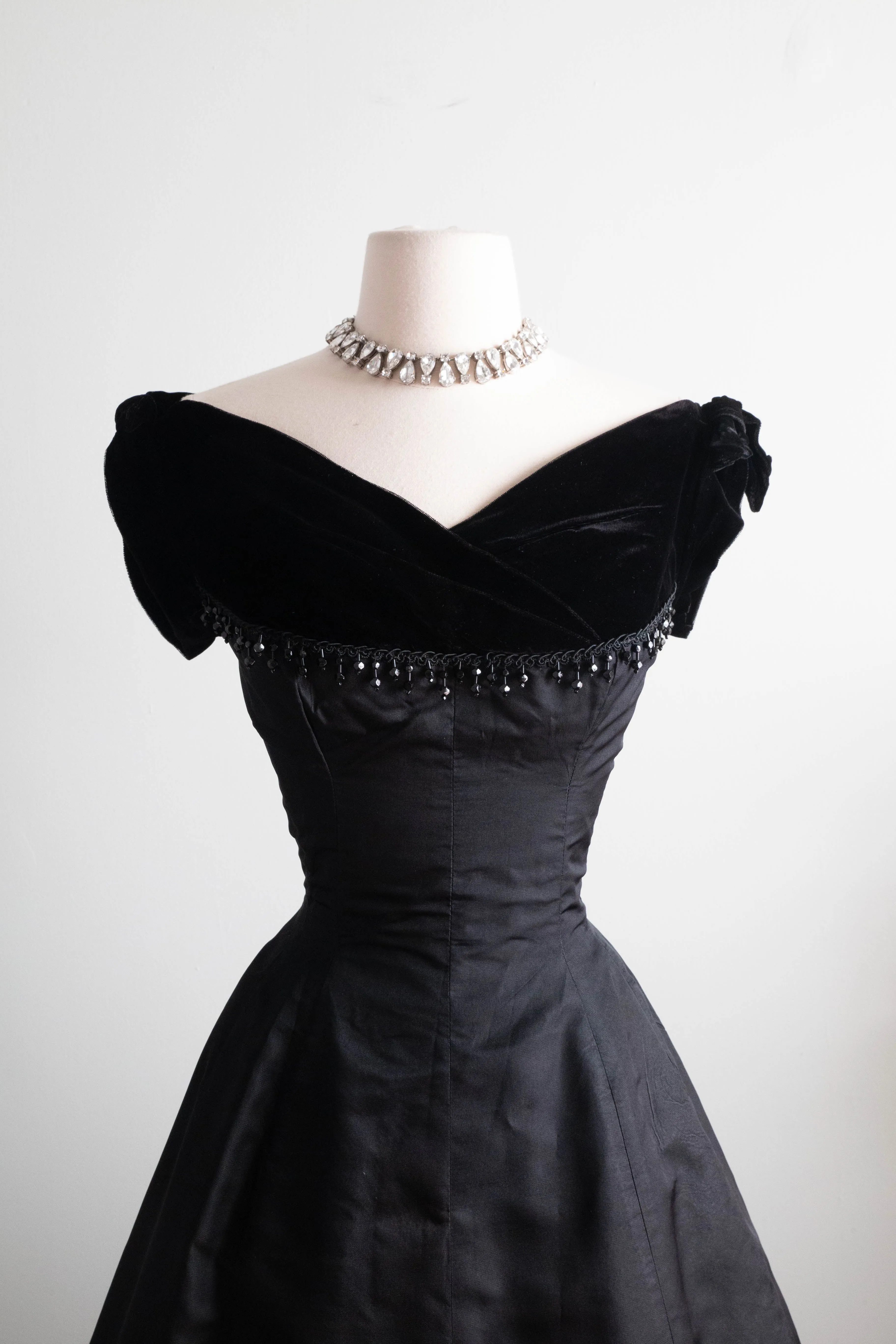 1950's Madame X Jet Black Velvet & Silk Cocktail Dress With Crystals / Small