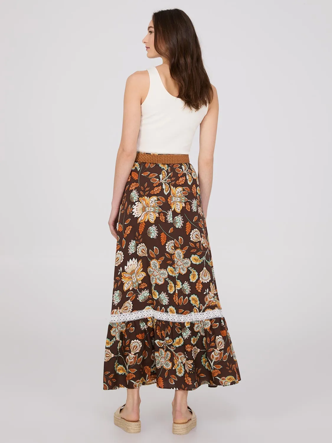 Floral Print Belted Maxi Skirt With Lace Trim