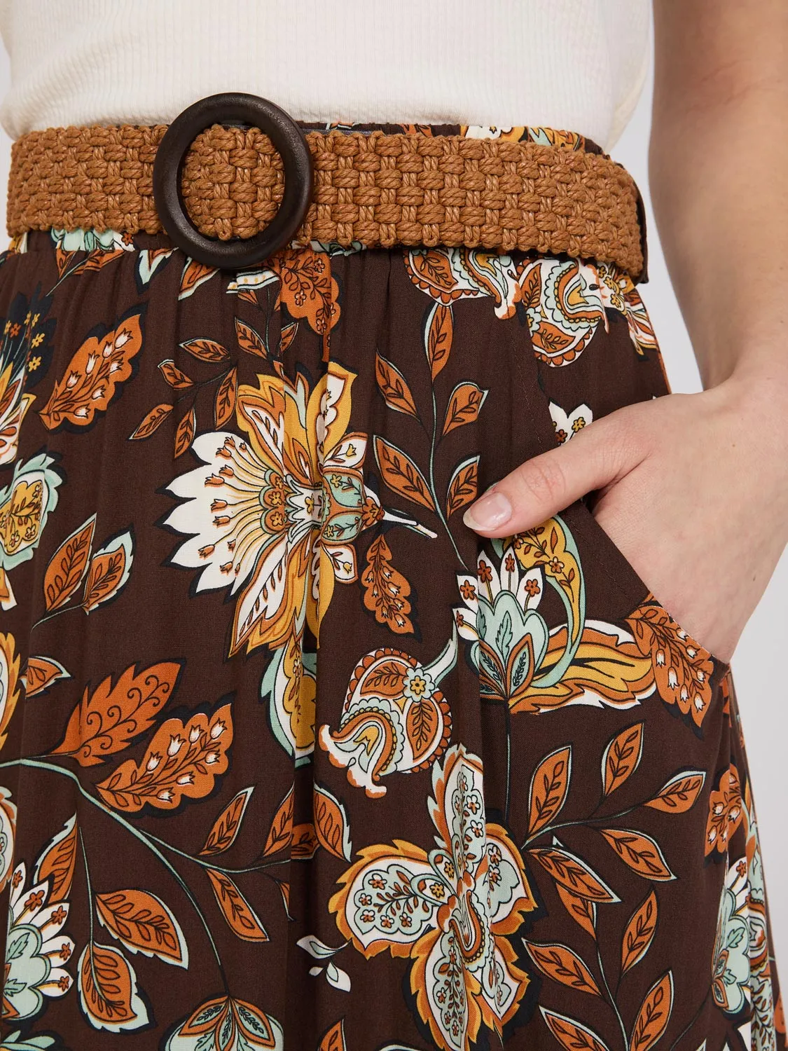 Floral Print Belted Maxi Skirt With Lace Trim