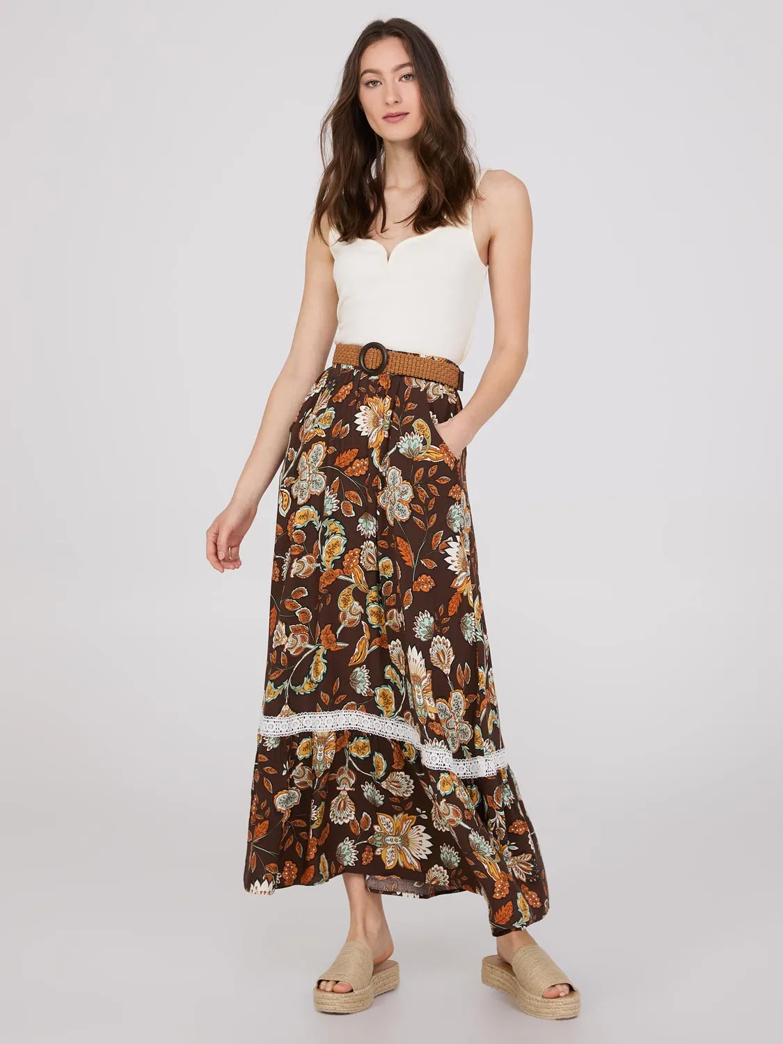 Floral Print Belted Maxi Skirt With Lace Trim