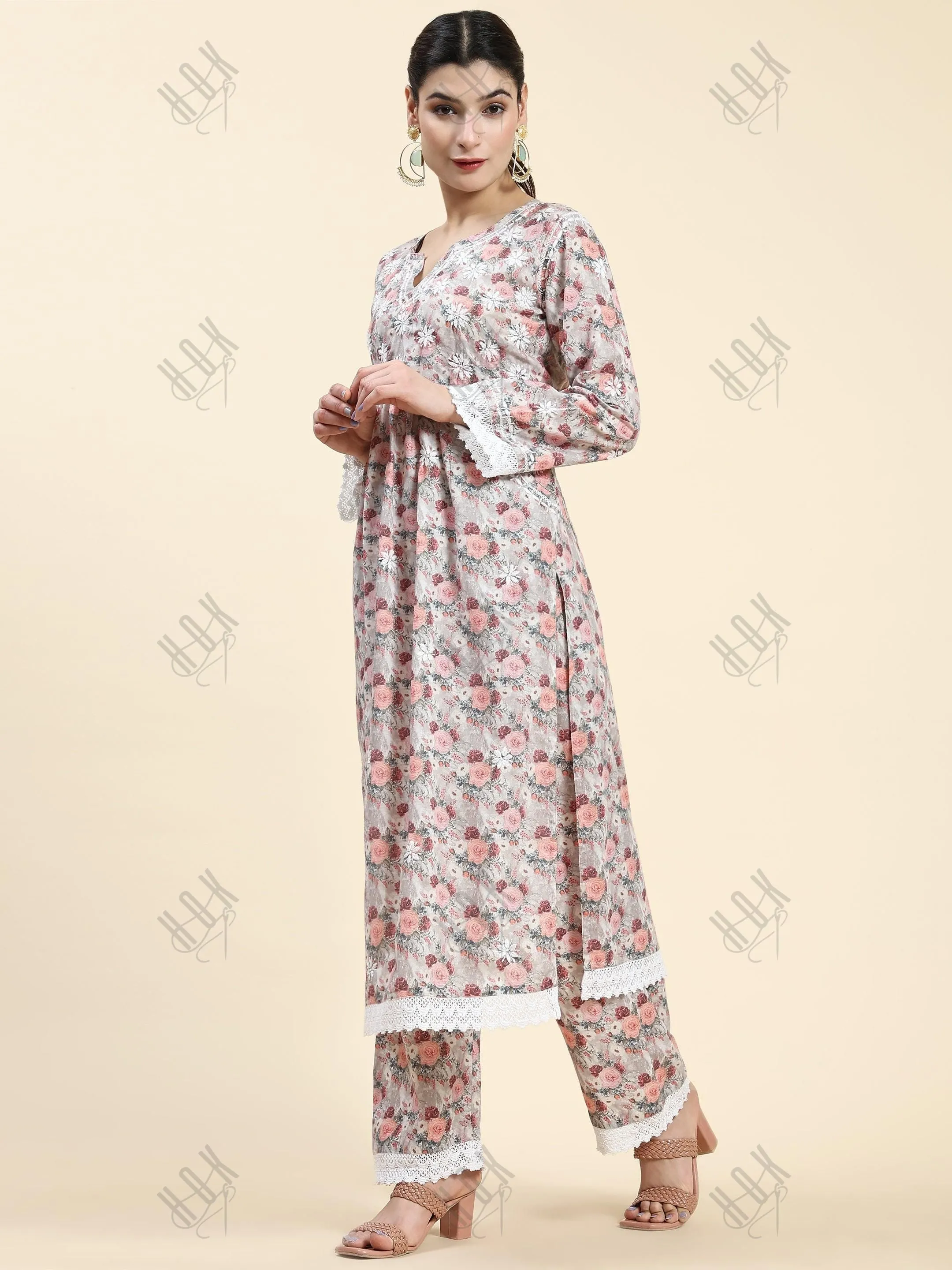 Samma Chikankari CO-ORD Set In Mul Cotton for Women In Pink
