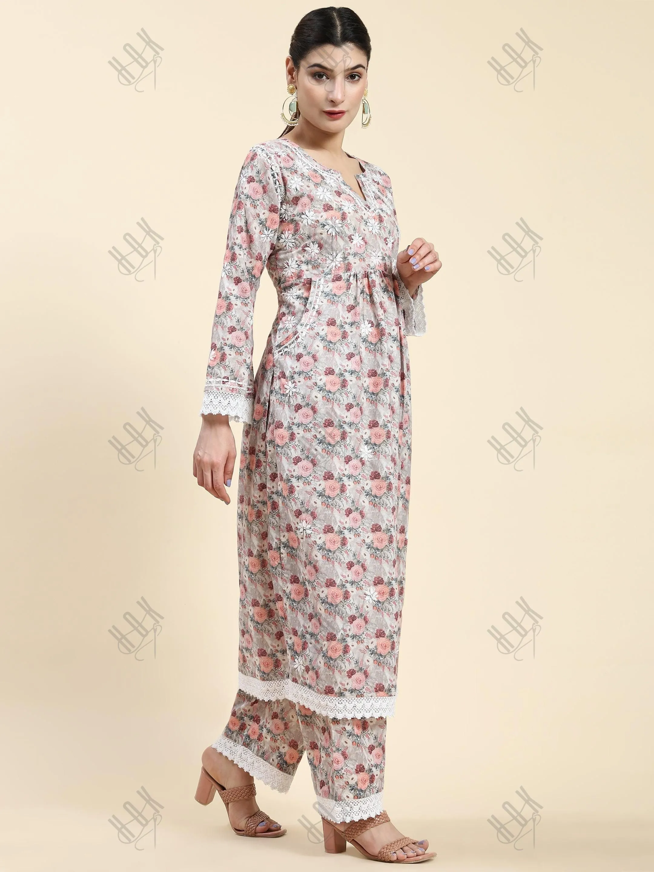 Samma Chikankari CO-ORD Set In Mul Cotton for Women In Pink