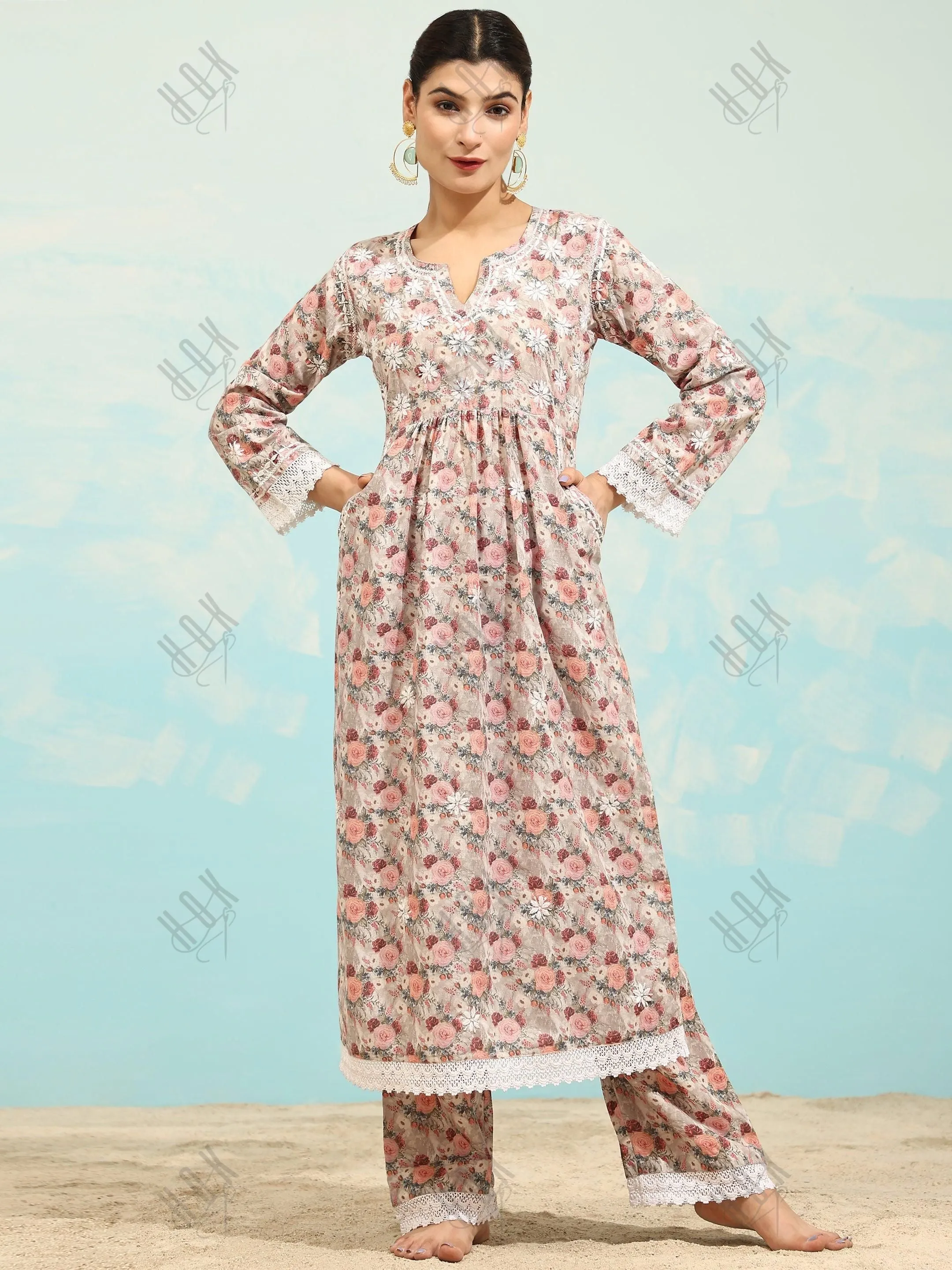 Samma Chikankari CO-ORD Set In Mul Cotton for Women In Pink