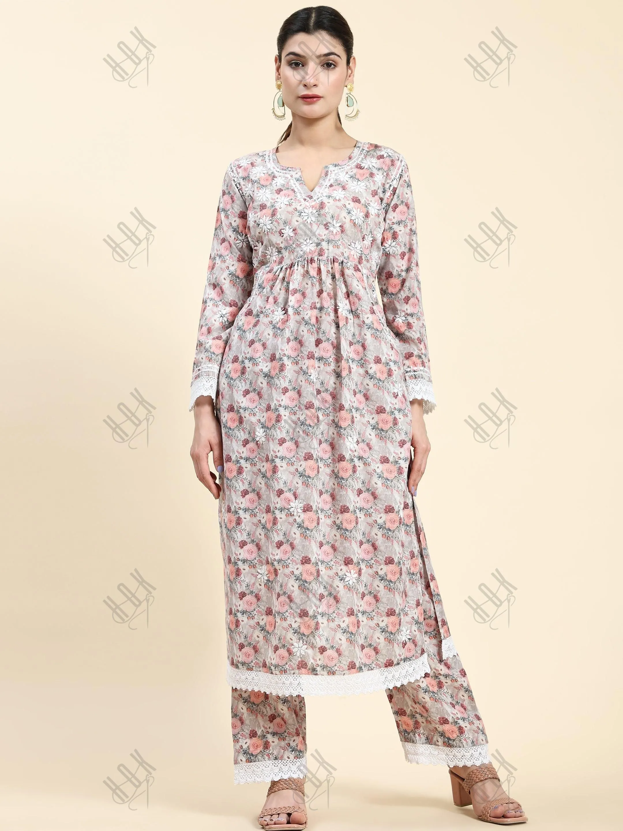 Samma Chikankari CO-ORD Set In Mul Cotton for Women In Pink