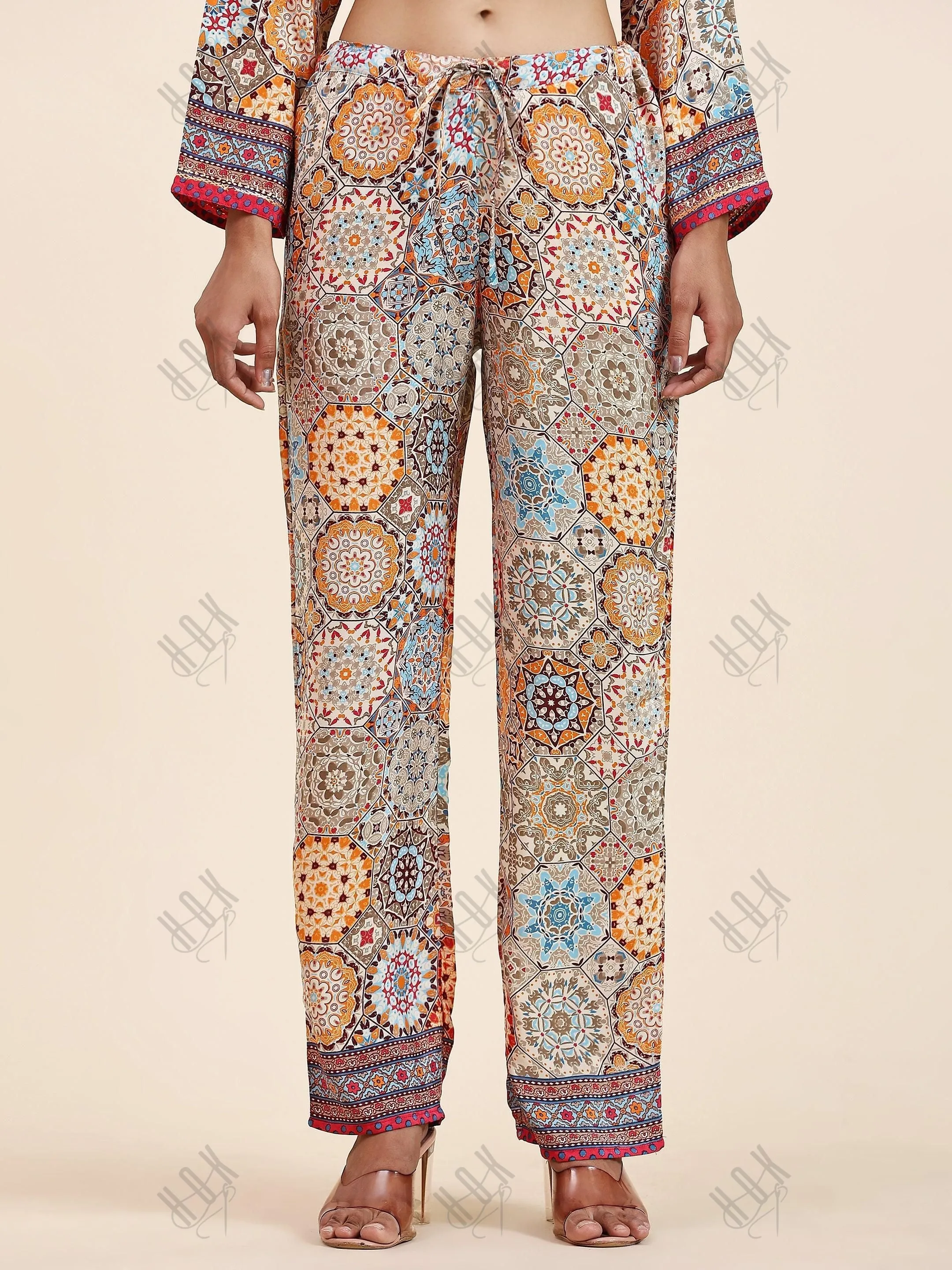 Shivani Girdhar in Samma Chikankari Co-ord Set in Polysilk for Women- Orange multicolour Print