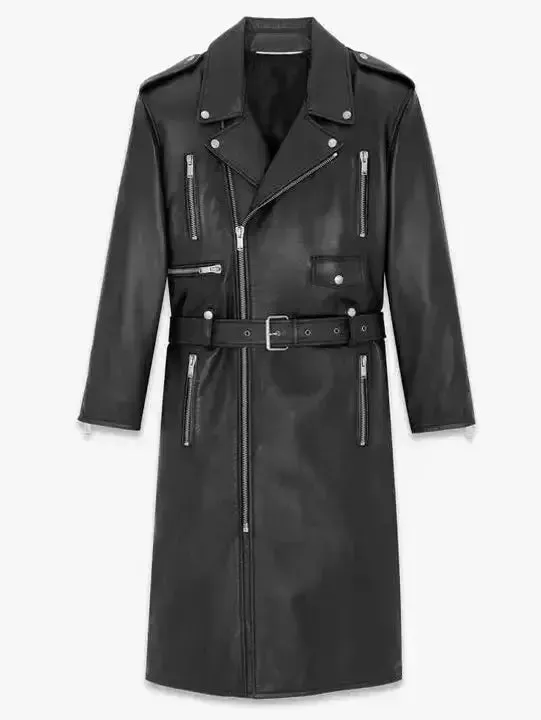 Women’s Belted Black Leather Zip-Pocket Midi Biker Coat