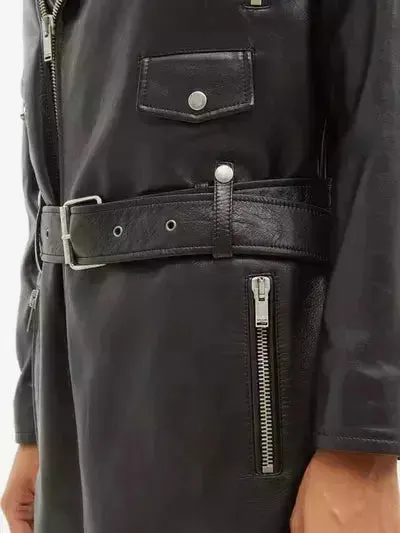 Women’s Belted Black Leather Zip-Pocket Midi Biker Coat