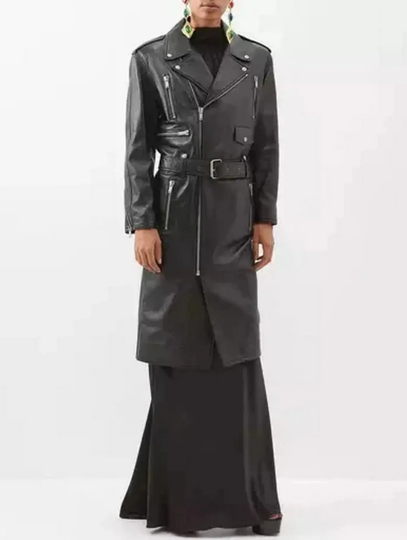 Women’s Belted Black Leather Zip-Pocket Midi Biker Coat