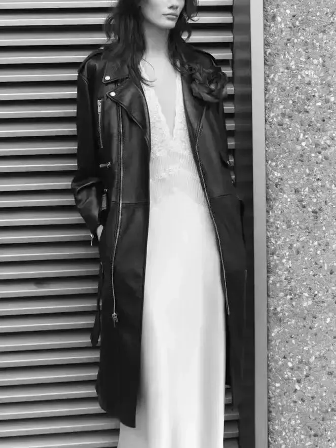 Women’s Belted Black Leather Zip-Pocket Midi Biker Coat