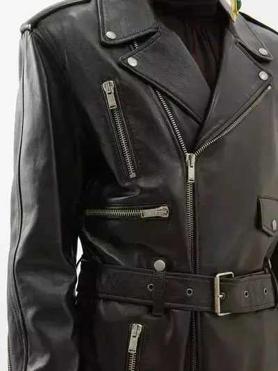 Women’s Belted Black Leather Zip-Pocket Midi Biker Coat