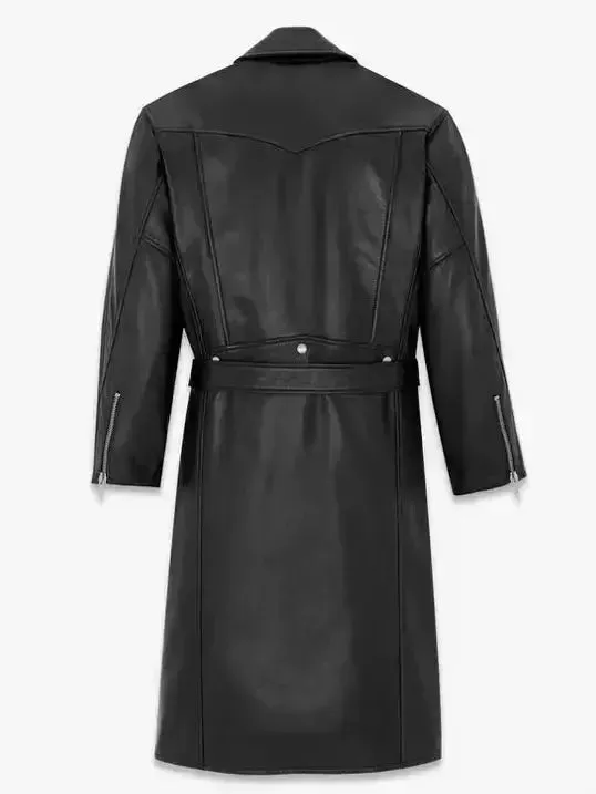 Women’s Belted Black Leather Zip-Pocket Midi Biker Coat