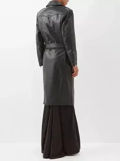 Women’s Belted Black Leather Zip-Pocket Midi Biker Coat